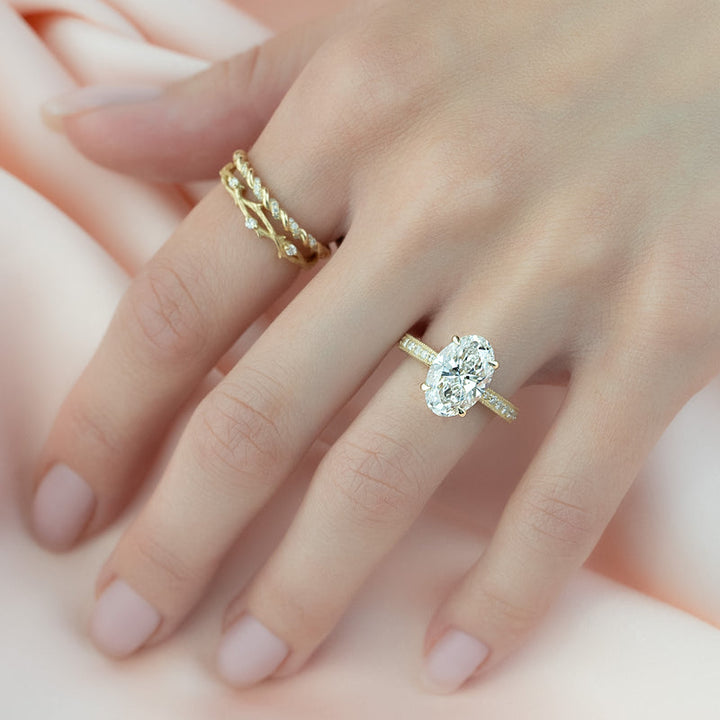 2.50CT Oval Lab Grown F/VVS1 Diamond Vintage Three Side Pave Engagement Ring