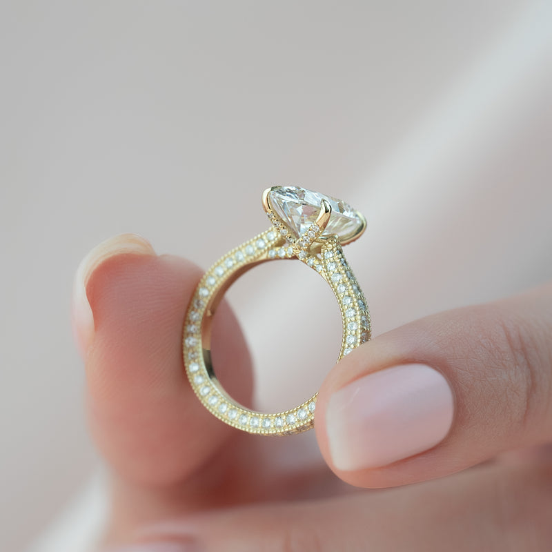 2.50CT Oval Lab Grown F/VVS1 Diamond Vintage Three Side Pave Engagement Ring