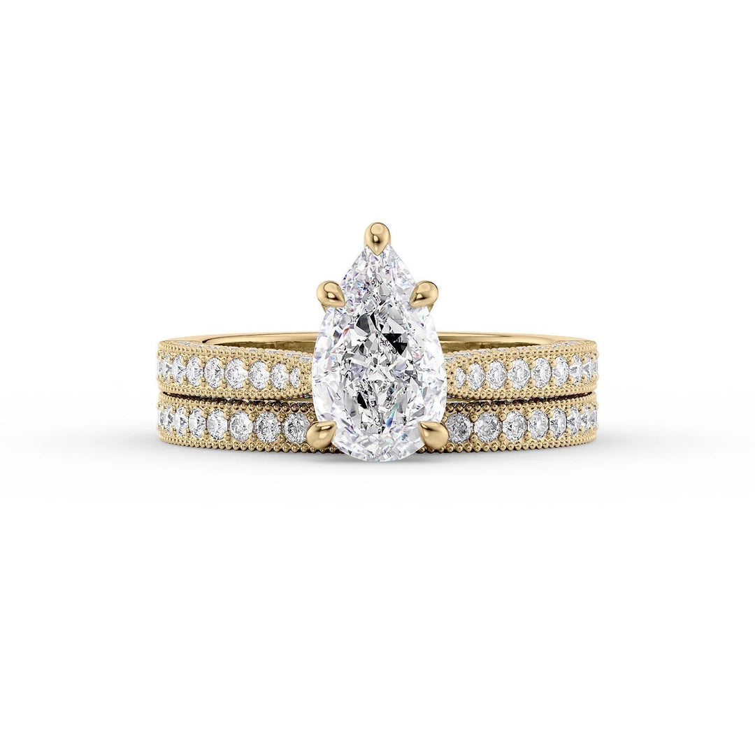 2.50CT Pear Lab Grown E/VVS2 Diamond Milgrain Three Side pave Engagement Ring