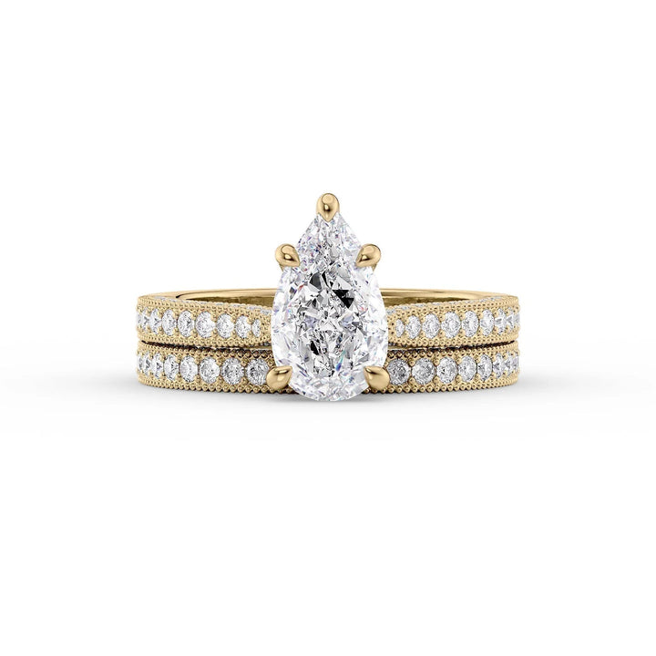 2.50CT Pear Lab Grown E/VVS2 Diamond Milgrain Three Side pave Engagement Ring