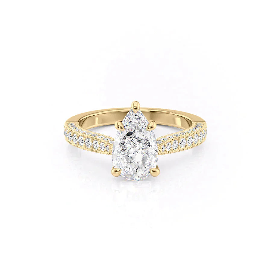 2.50CT Pear Lab Grown E/VVS2 Diamond Milgrain Three Side pave Engagement Ring