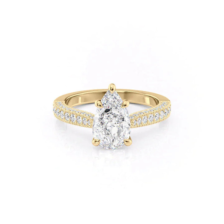 2.50CT Pear Lab Grown E/VVS2 Diamond Milgrain Three Side pave Engagement Ring