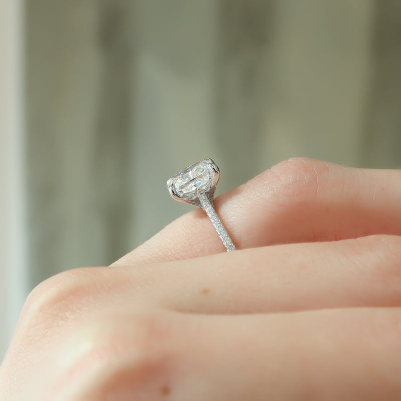 2.0CT Elongated Cushion Lab Grown F/VS2 Diamond Cathedral Set Pave Engagement Ring