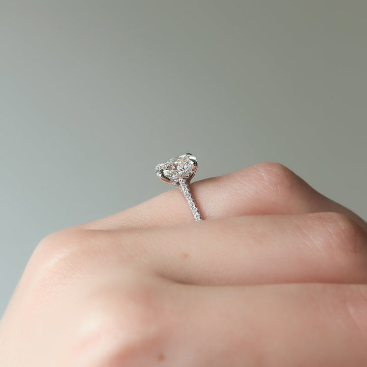 2.0CT Elongated Cushion Lab Grown F/VS2 Diamond Cathedral Set Pave Engagement Ring