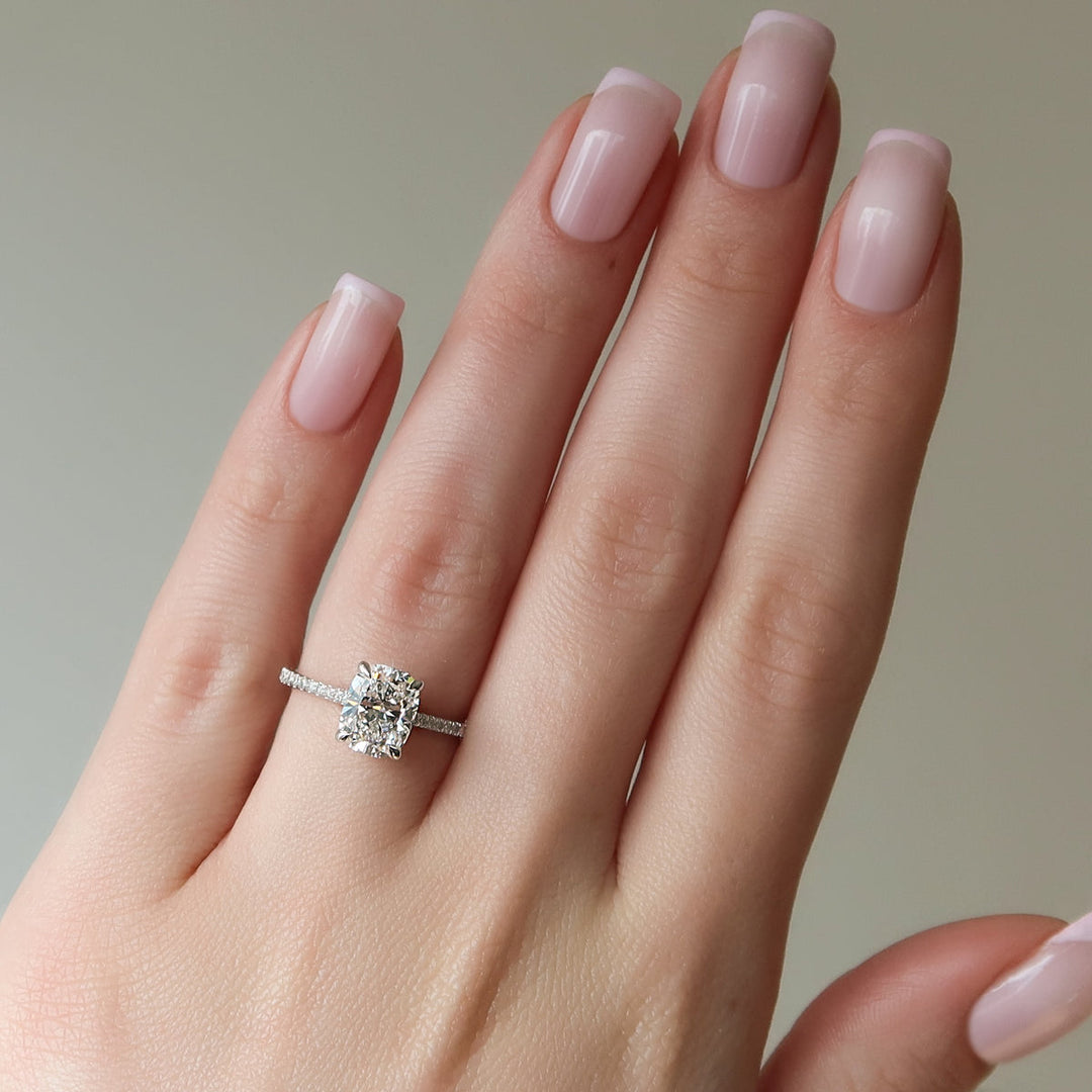 2.0CT Elongated Cushion Lab Grown F/VS2 Diamond Cathedral Set Pave Engagement Ring