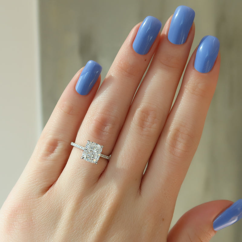 2.0CT Elongated Cushion Lab Grown F/VS2 Diamond Cathedral Set Pave Engagement Ring