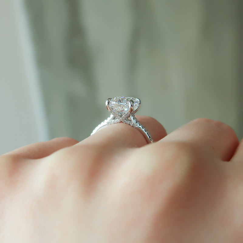 2.0CT Elongated Cushion Lab Grown F/VS2 Diamond Cathedral Set Pave Engagement Ring