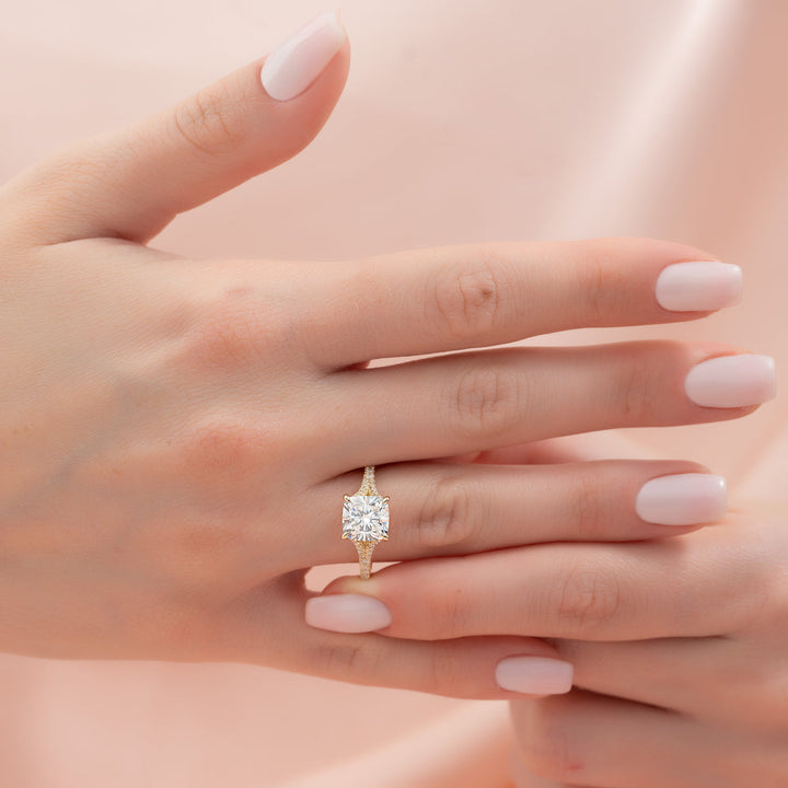 1.50CT Cushion Lab Grown F/VVS1 Diamond Split Pave Engagement Ring