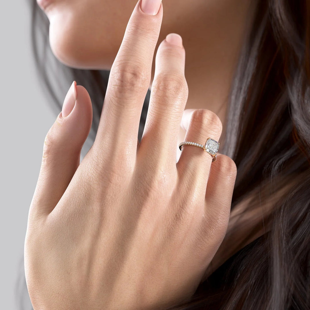 3.0CT Cushion Lab Grown E/VVS1 Diamond Tulip Set Engagement Ring