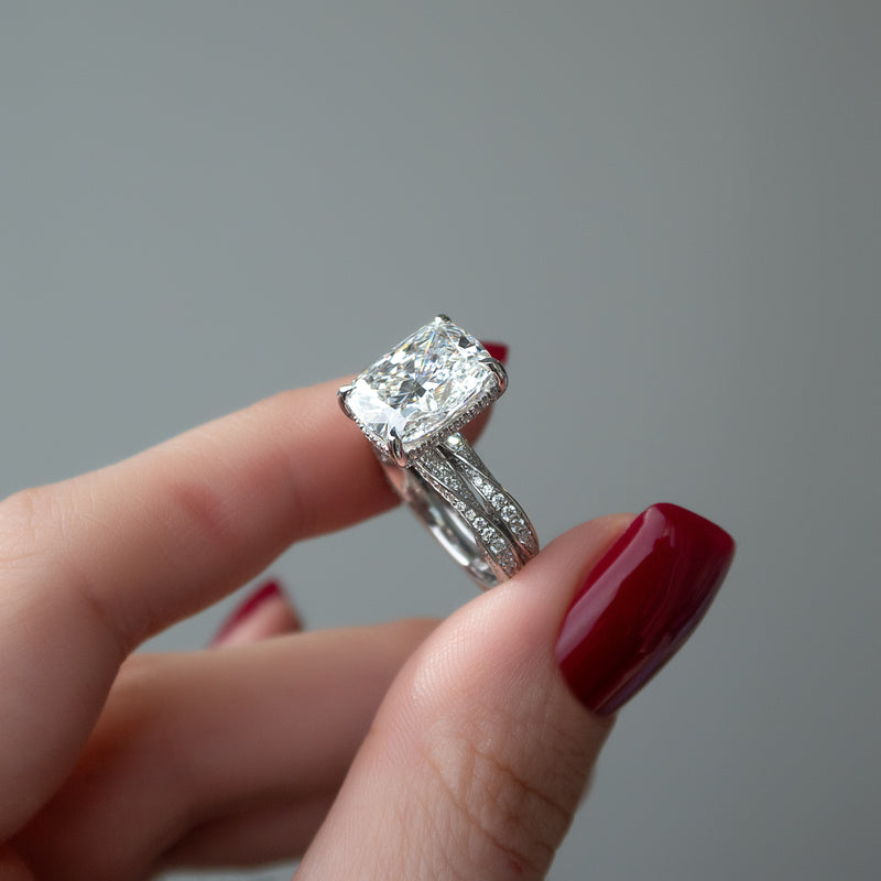 3.0CT Cushion Lab Grown E/VS1 Diamond Twisted Pave Engagement Ring