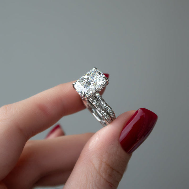 3.0CT Cushion Lab Grown E/VS1 Diamond Twisted Pave Engagement Ring