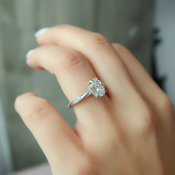 2.0CT Oval Lab Grown E/VVS1 Diamond Twisted Pave Engagement Ring