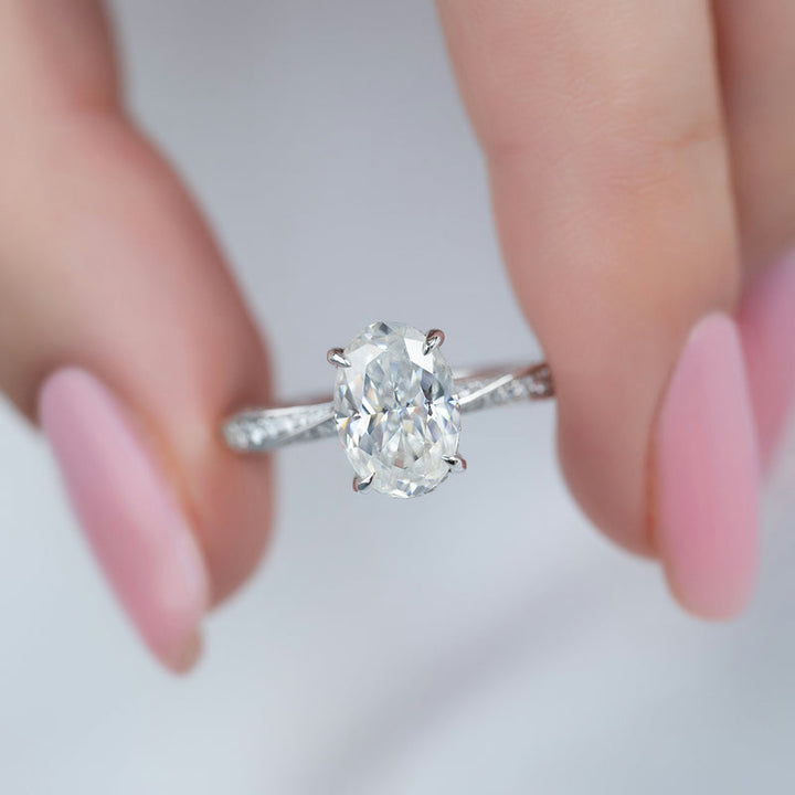 2.0CT Oval Lab Grown E/VVS1 Diamond Twisted Pave Engagement Ring