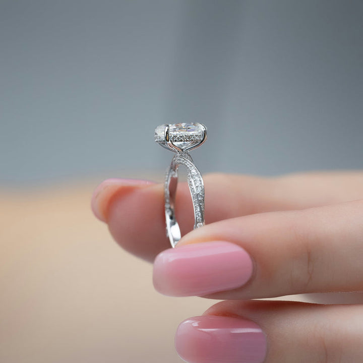 2.0CT Oval Lab Grown E/VVS1 Diamond Twisted Pave Engagement Ring