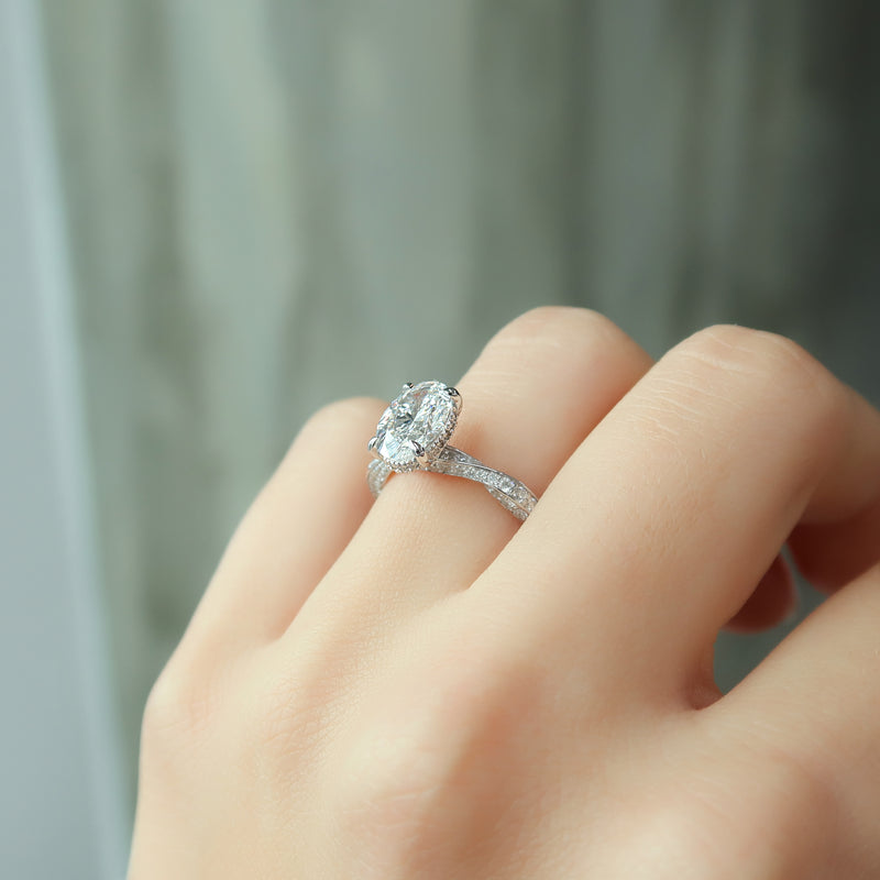 2.0CT Oval Lab Grown E/VVS1 Diamond Twisted Pave Engagement Ring