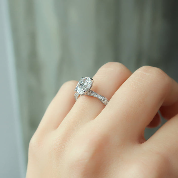 2.0CT Oval Lab Grown E/VVS1 Diamond Twisted Pave Engagement Ring