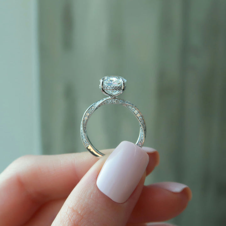2.0CT Oval Lab Grown E/VVS1 Diamond Twisted Pave Engagement Ring
