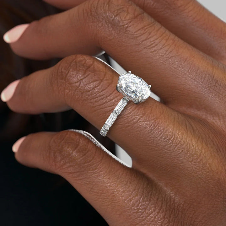 3.0CT Oval Lab Grown F/VS1 Diamond Bar Set Pave Engagement Ring