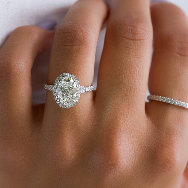 2.0CT Oval Lab Grown F/VVS1 Diamond Halo & Split Shank Pave Engagement Ring