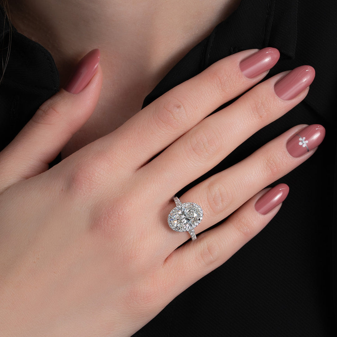 2.0CT Oval Lab Grown F/VVS1 Diamond Halo & Split Shank Pave Engagement Ring