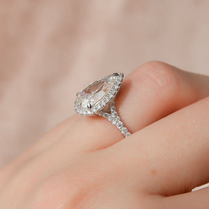 3.0CT Pear Lab Grown E/VS1 Diamond Halo & Split Shank Engagement Ring