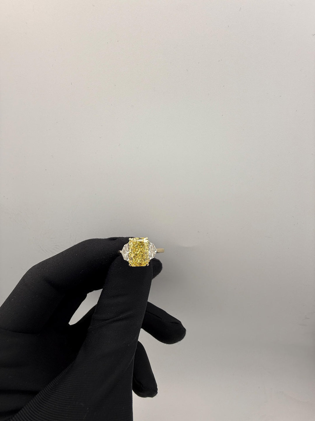 Modern Three Stone Radiant DesignYellow Radiant Ring with Pear Side StonesCelebrity Style Yellow Diamond RingRadiant Cut Cathedral Three Stone Ring