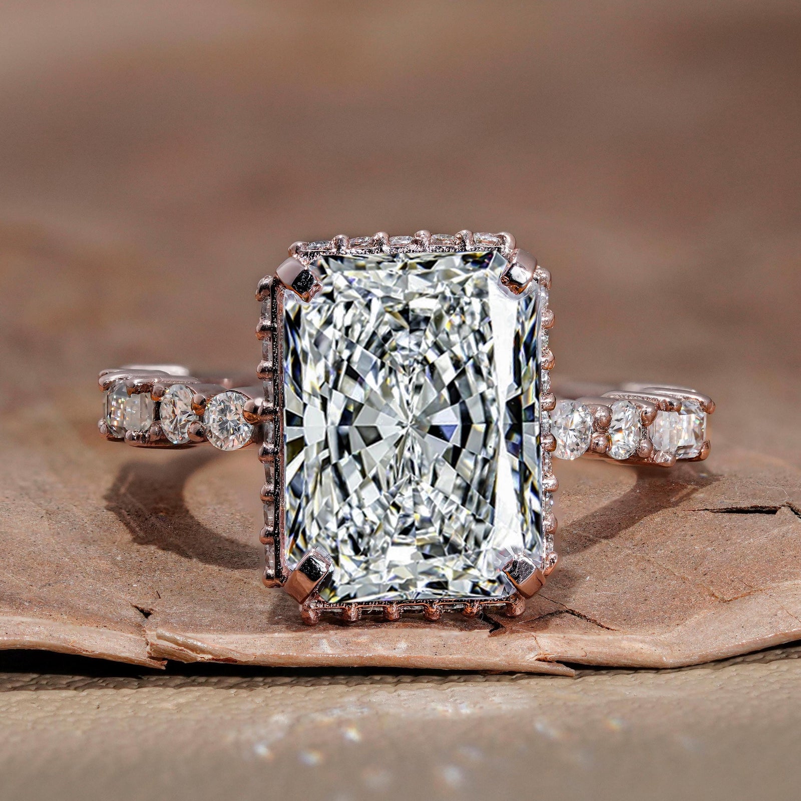 lab grown diamond ring, hidden halo engagement ring, pave diamond ring, 3ct radiant cut, lab created diamond, ethical engagement ring, radiant diamond solitaire, pave band engagement ring.