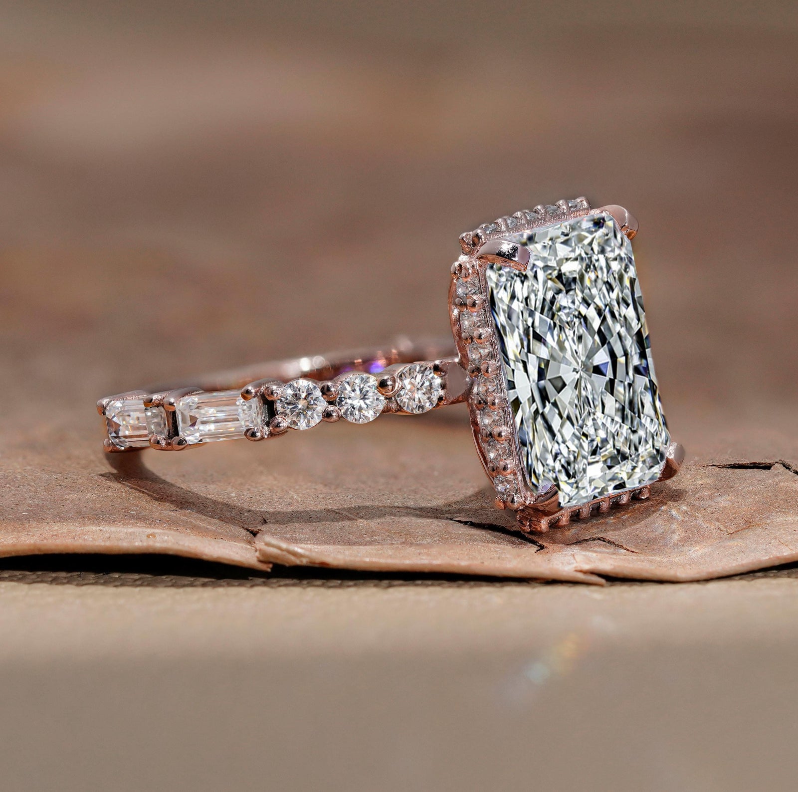 ethical engagement ring, radiant diamond solitaire, pave band engagement ring.