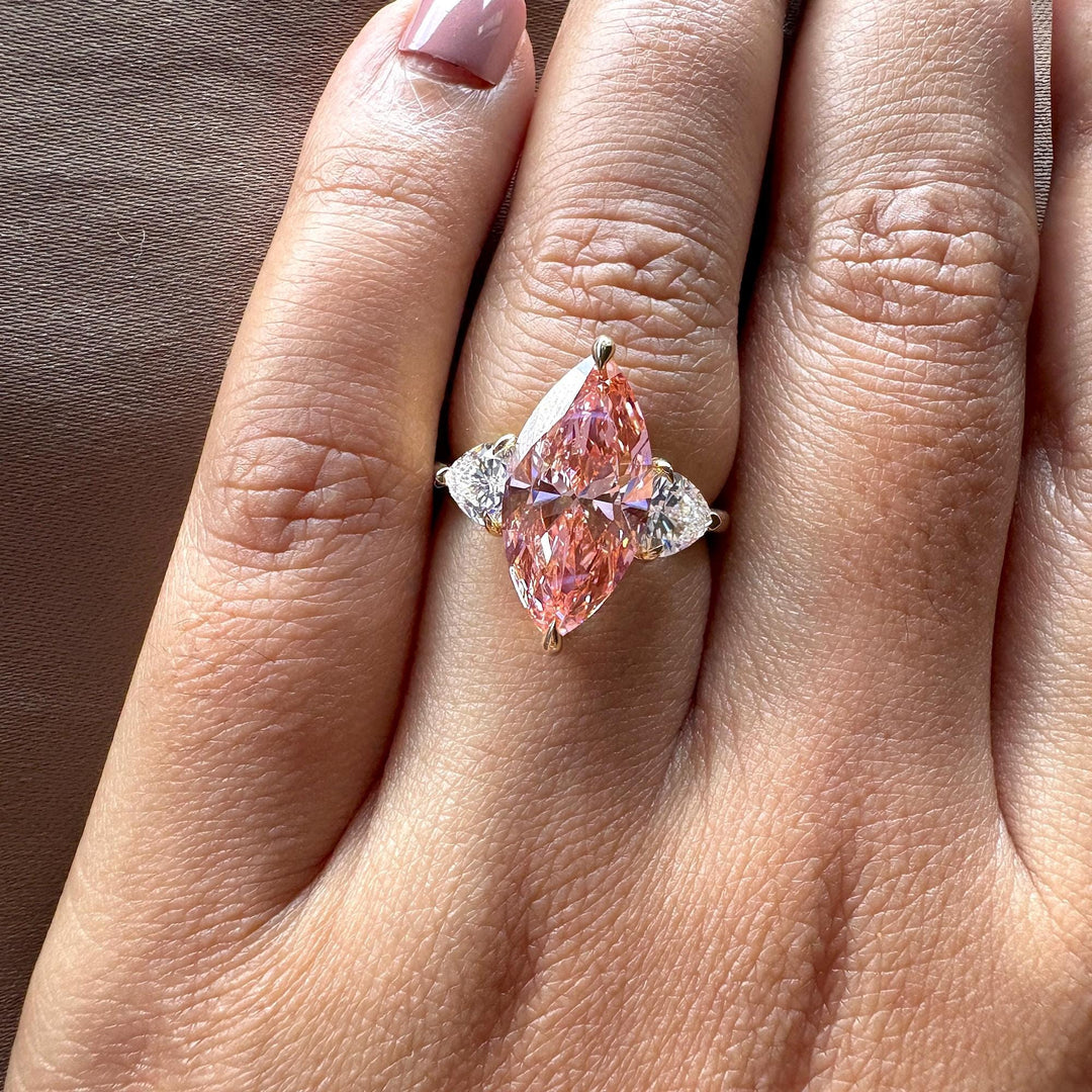 Pink Marquise Cut Lab DiamondThree Stone Pink Diamond RingMarquise Diamond with Heart Side Stones4.0CT Pink Engagement RingPink Lab Grown Diamond RingHeart Side Stone Engagement Ring4.0 Carat Marquise Lab Diamond