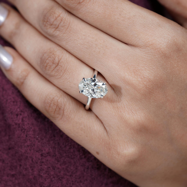  vvs1 lab diamond, 4.0ct oval shape, hidden gallery solitaire, four prong oval setting, conflict-free diamond, oval anniversary ring.