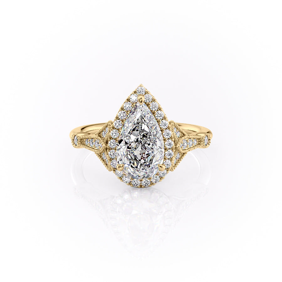 2.0CT Pear Lab Grown E/VVS1 Unique Milgrain Cluster Diamond Engagement Ring