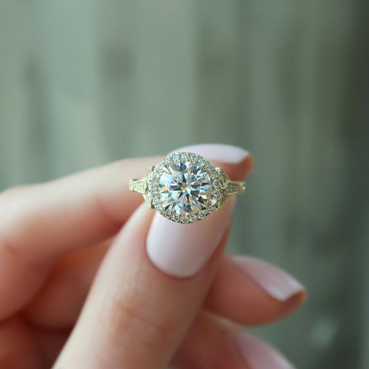 1.50CT Round Lab Grown F/VS1 Halo Diamond Vintage Engagement Ring