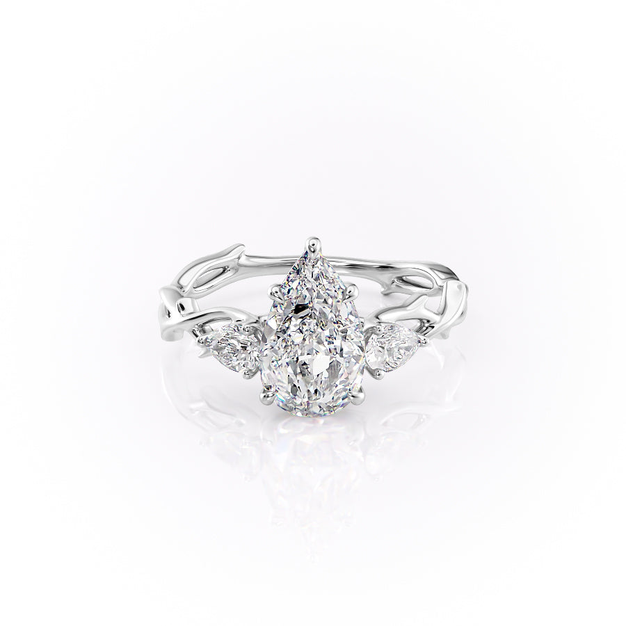 2.50CT Pear Lab Grown E/VS2 Twig Diamond Three Stone Engagement Ring