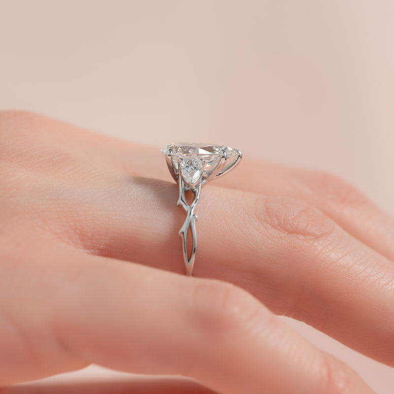 2.50CT Pear Lab Grown E/VS2 Twig Diamond Three Stone Engagement Ring