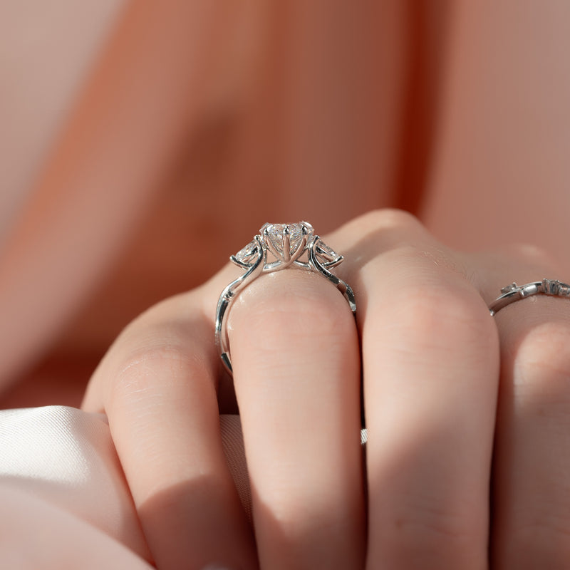 2.50CT Pear Lab Grown E/VS2 Twig Diamond Three Stone Engagement Ring