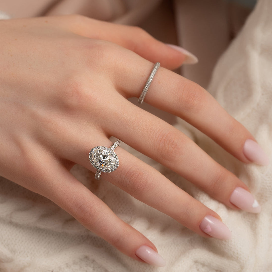 3.0CT Oval Lab Grown F/VVS1 Diamond Micro Halo & Pave Engagement Ring