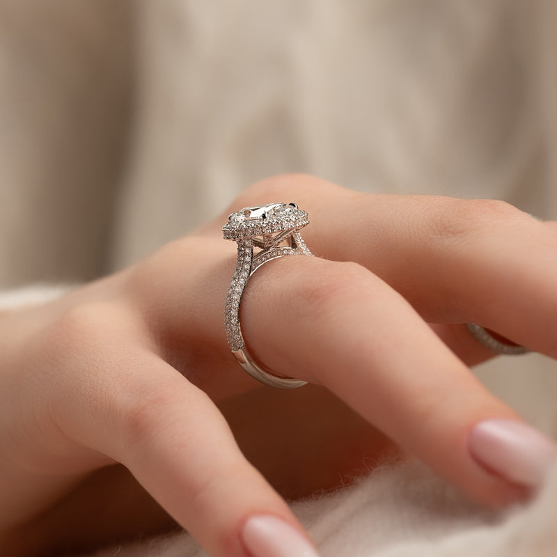 3.0CT Oval Lab Grown F/VVS1 Diamond Micro Halo & Pave Engagement Ring