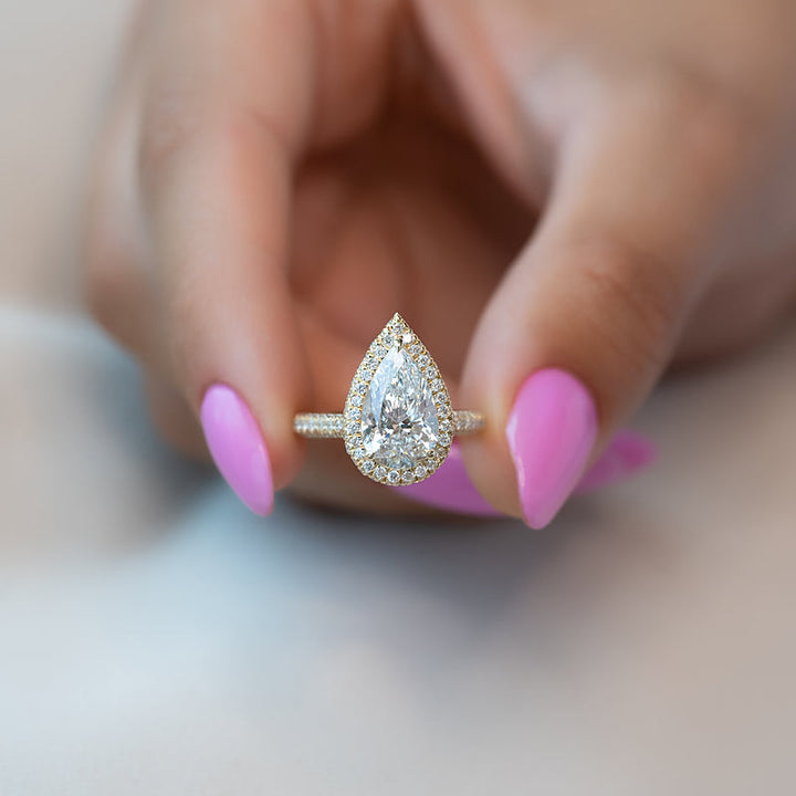 2.50CT Pear Lab Grown E/VS1 Halo Diamond Micro Pave Engagement Ring