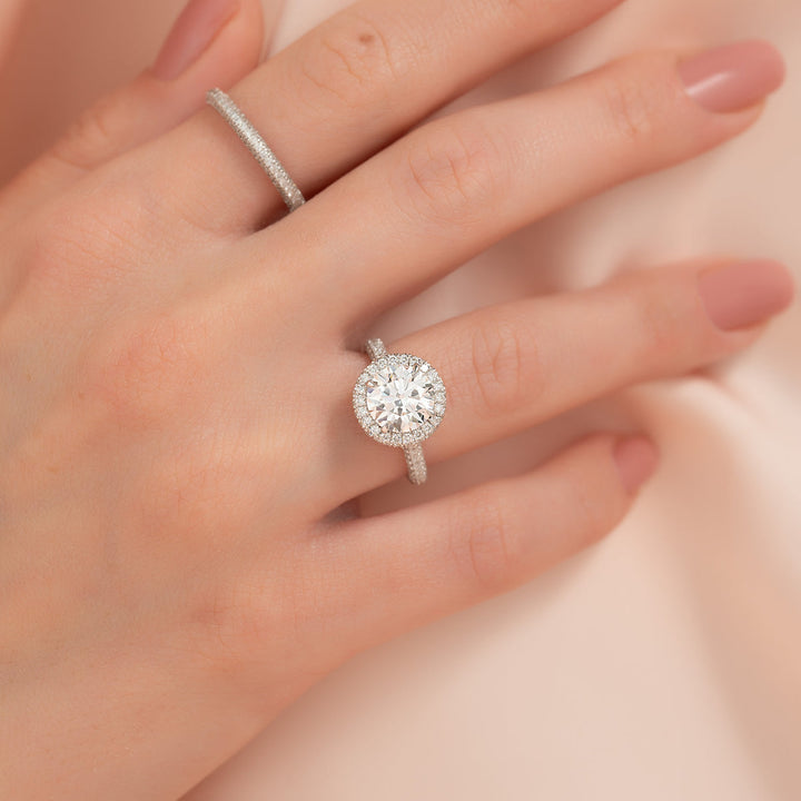 2.50CT Round Lab Grown Halo F/VS2 Diamond Micro Pave Engagement Ring