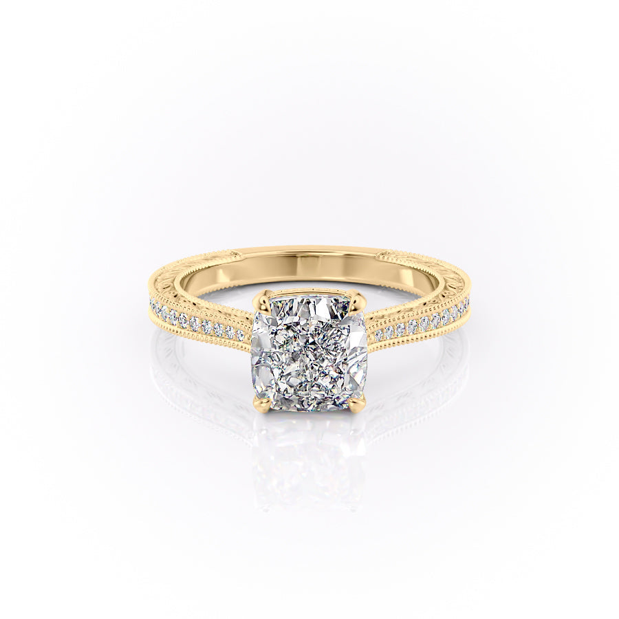 1.0CT Cushion Lab Grown F/VS1 Diamond Milgrain Pave Engagement Ring