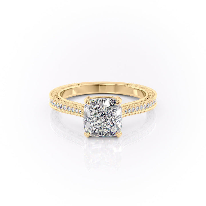 1.0CT Cushion Lab Grown F/VS1 Diamond Milgrain Pave Engagement Ring