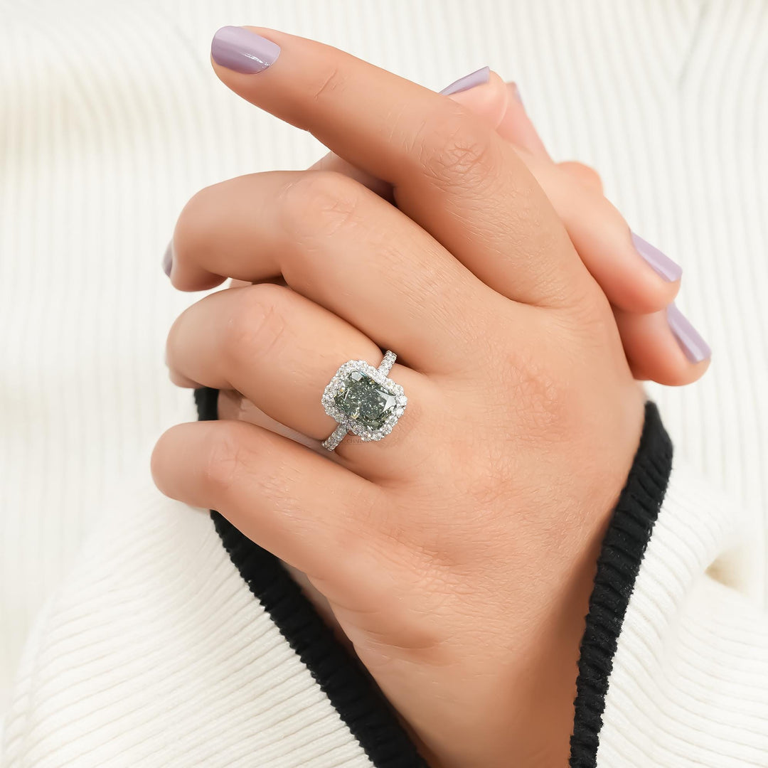 Sustainable Green Diamond Engagement RingRadiant Cut Green Diamond Solitaire5ct Green Diamond Hidden Halo Ring