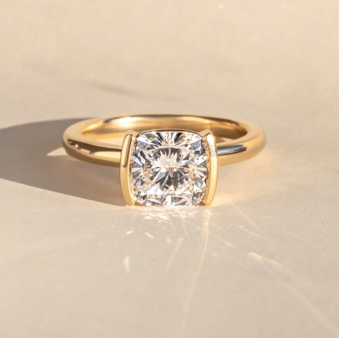 1.0-3.0CT Cushion  Lab Grown Diamond Half Bezel Style Engagement Ring