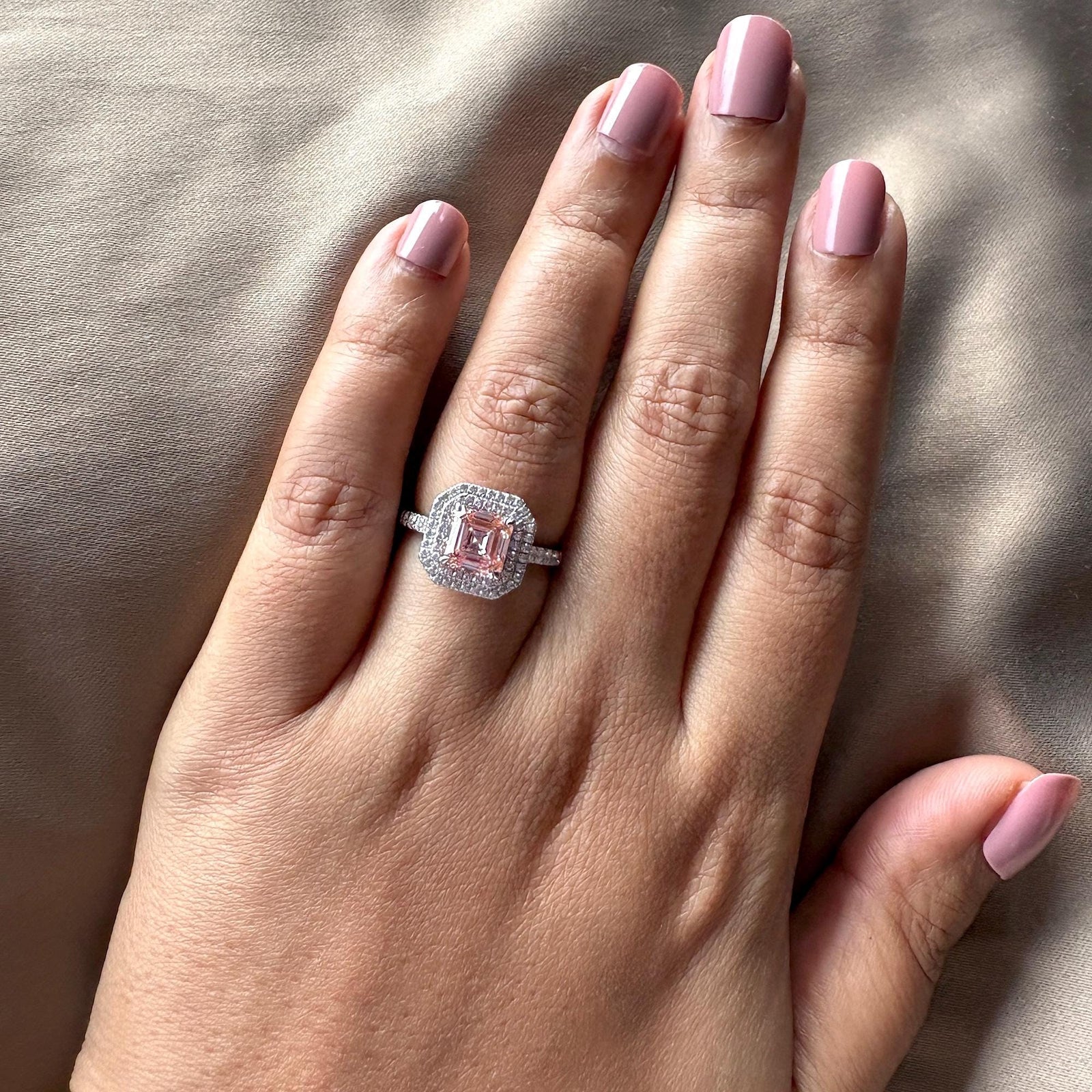 Asscher Cut Double Halo Ring2.50 Carat Asscher Lab DiamondPink Diamond Double Halo EngagementFancy Pink Asscher Cut Ring2.50CT Pink Lab Diamond JewelryPink Asscher Cut Statement RingLab Created Pink Asscher Diamond