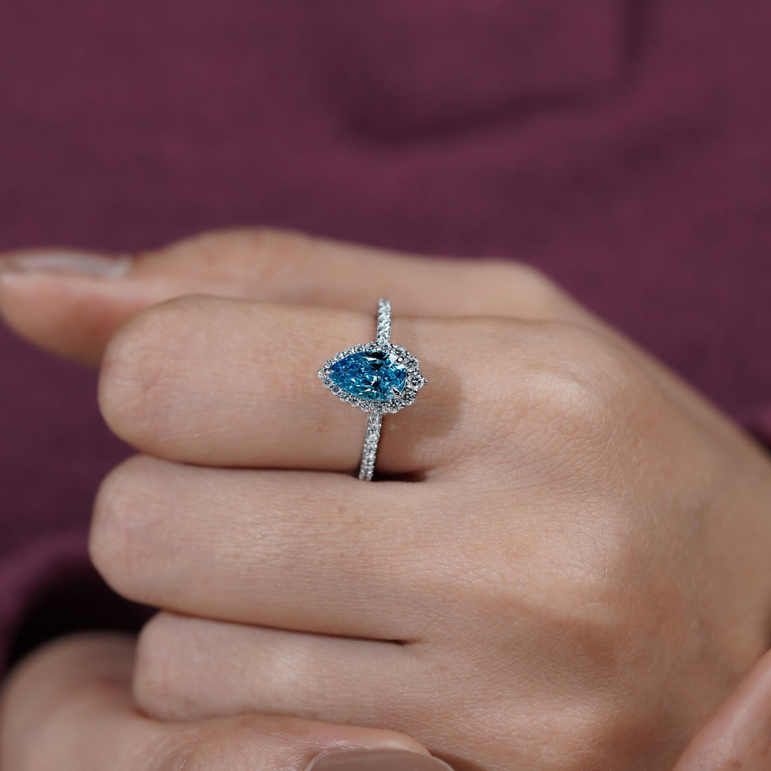 1.50 Carat Blue Diamond Halo RingFancy Blue Pear Cut Diamond RingLab Grown Blue Pear Diamond Halo