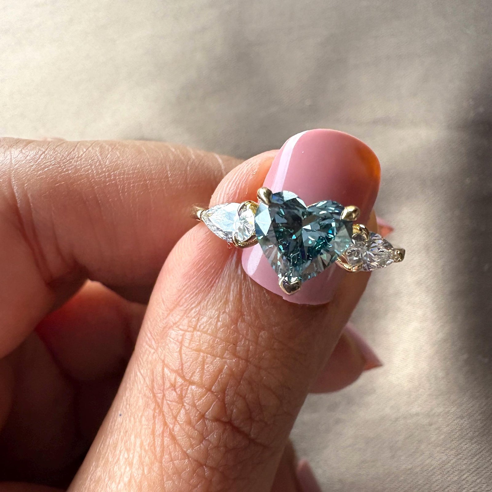 Blue diamond ring, heart shaped diamond, lab grown diamond ring, three stone engagement ring, halo diamond ring, 