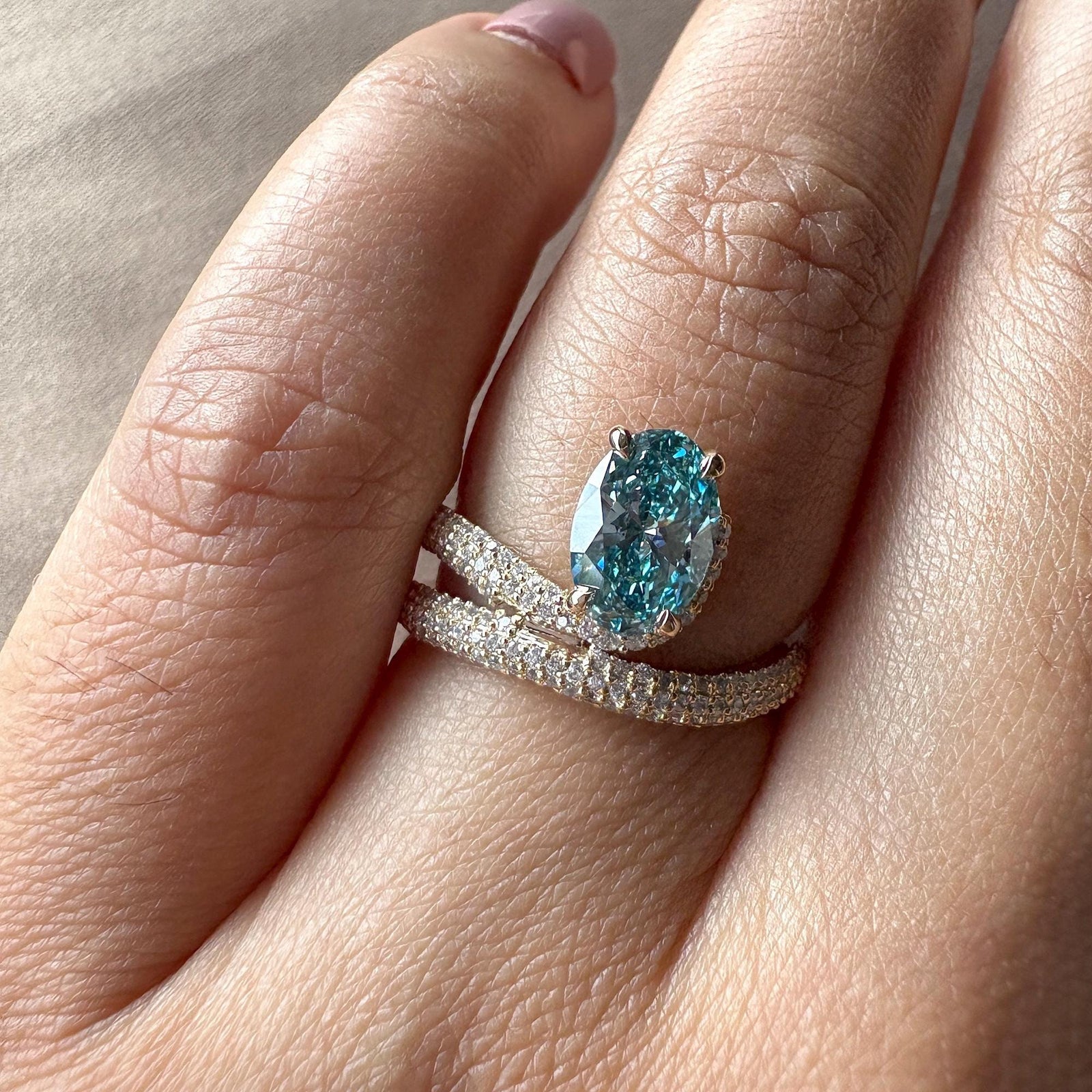 oval cut diamond, halo engagement ring, pave diamond ring, 1.50 carat diamond, lab created blue diamond, oval halo ring, ethical engagement ring, blue oval diamond.