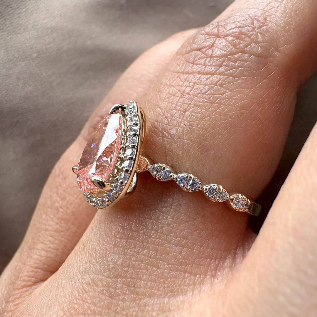Buy pink lab diamond ring, IGI certified pink diamond, 2ct lab grown engagement ring, affordable pink diamond, custom pink diamond jewelry, luxury lab diamond ring, bespoke pear engagement ring, GIA certified lab pink diamond, ethical bridal jewelry.