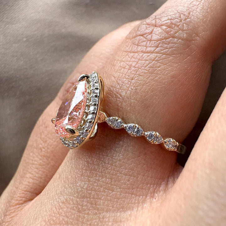 Buy pink lab diamond ring, IGI certified pink diamond, 2ct lab grown engagement ring, affordable pink diamond, custom pink diamond jewelry, luxury lab diamond ring, bespoke pear engagement ring, GIA certified lab pink diamond, ethical bridal jewelry.