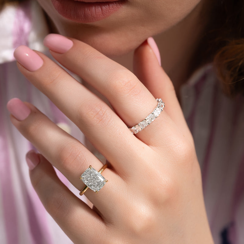 Cushion three-stone engagement ring, Cushion side stone engagement ring,